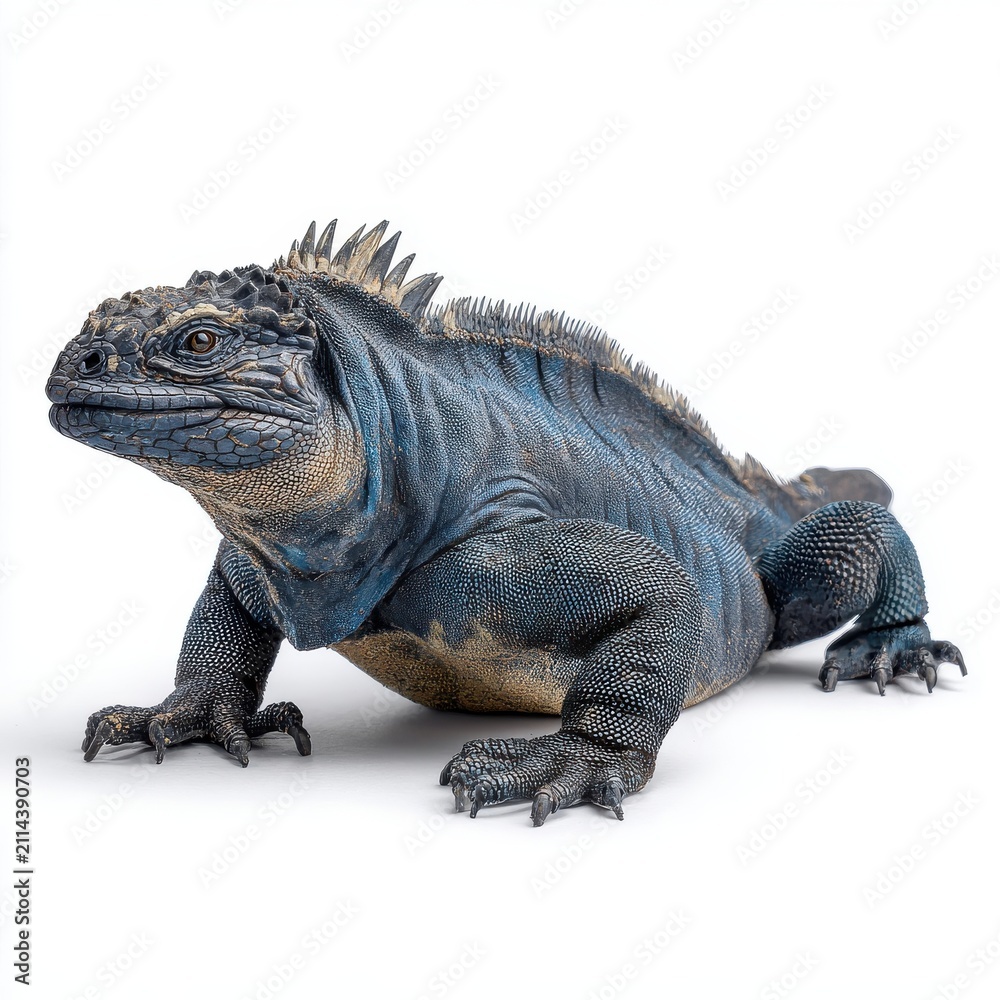 Fototapeta premium Full Body Blue Marine Iguana With Spiky Scales On White Background Isolated Studio Shot