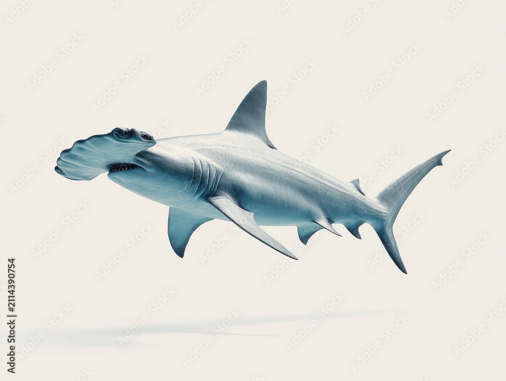 Fototapeta premium Full Body Hammerhead Shark Swimming Isolated On A Clean Off White Background