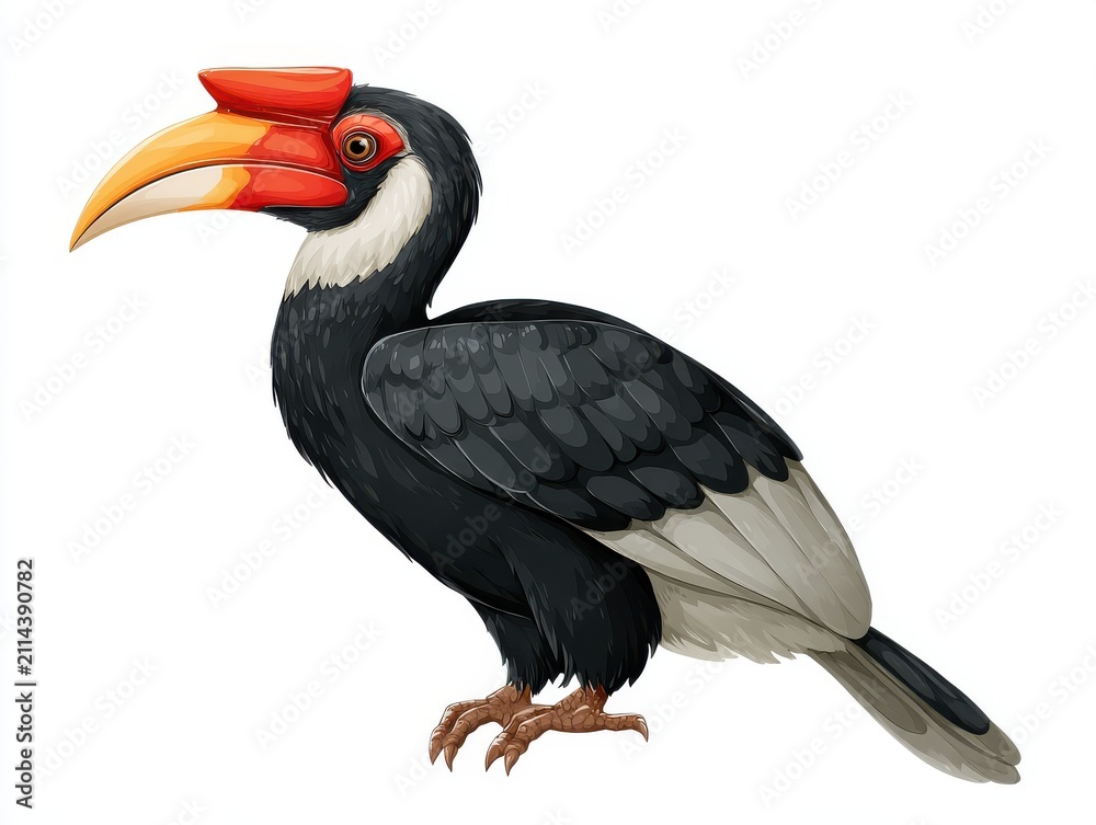 Fototapeta premium Full Body Illustration Of A Hornbill Bird With Black Feathers And Orange Beak Isolated On White