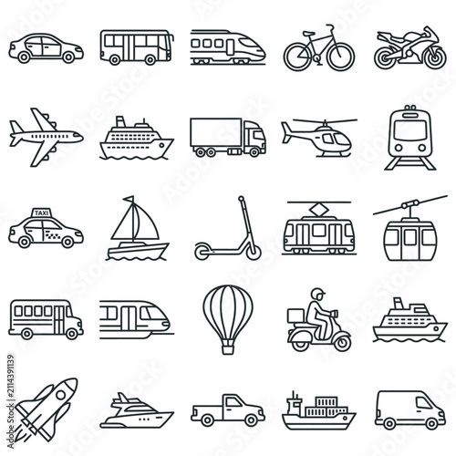 Various Transportation Vehicles Icons.