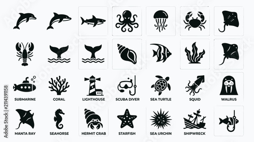 Black and white sea ocean icons.