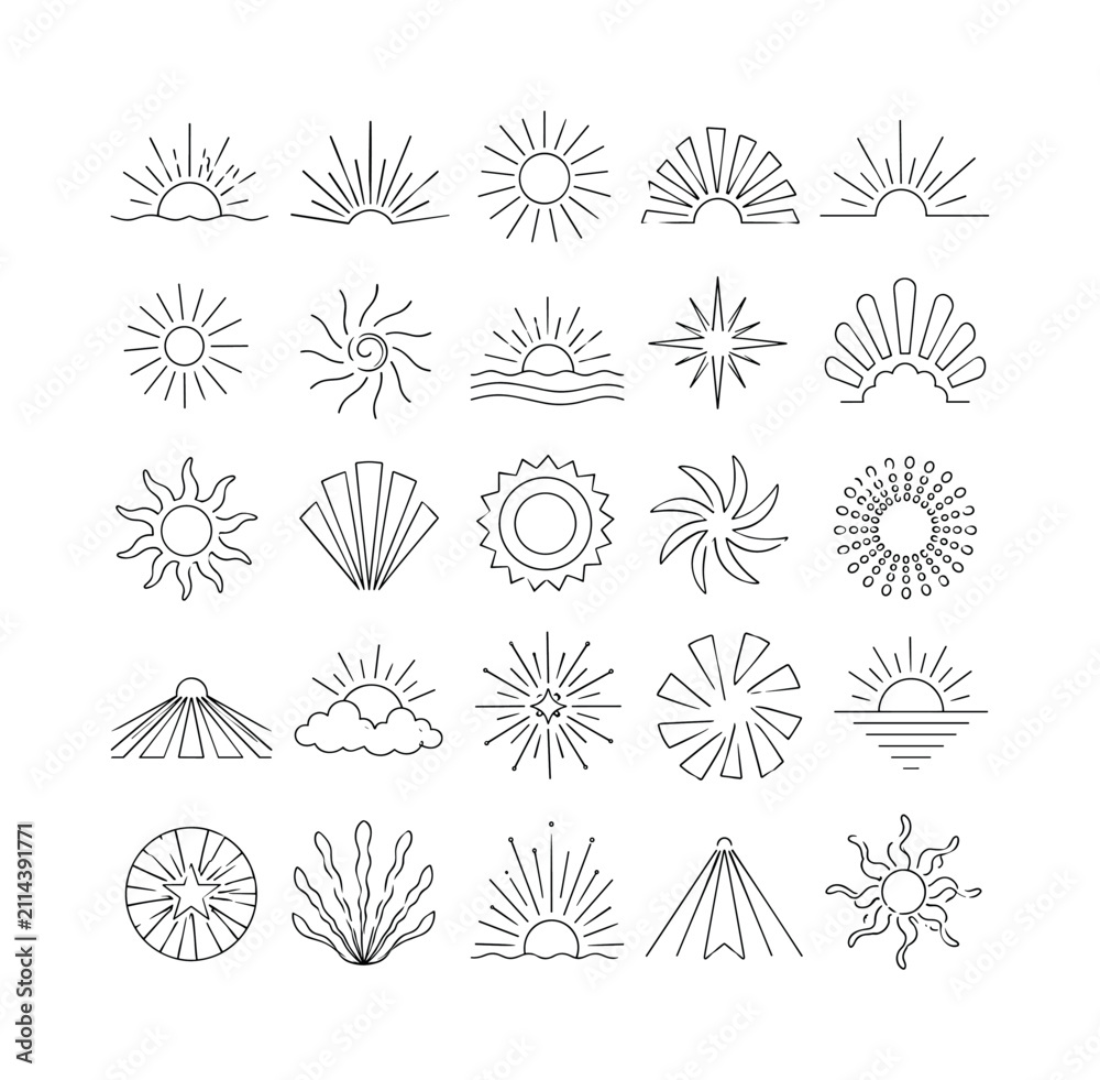 Obraz premium Retro Sun Beams one-line drawing set, 25 minimal continuous single-line icons showing sun beams, vintage rays, radial burst, carnival stripes, circus sunburst, patriotic-style ray shapes, halftone
