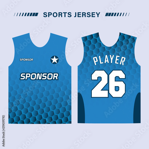 Sports jersey designs display a blue honeycomb pattern with customizable sponsor and player branding elements for team uniforms.