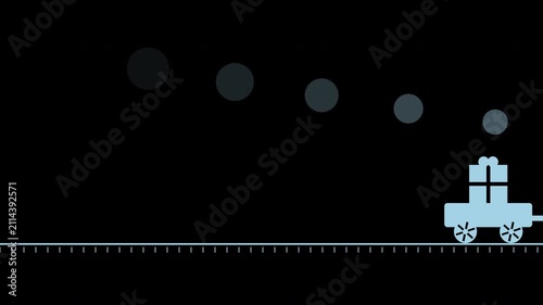 Toy steam train with gift wagon passing by, puffing smoke, ice blue Christmas transparent overlay, seamless loop animation