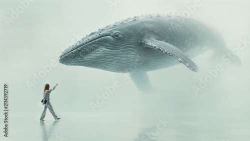Young businesswoman walking toward giant whale in misty green surreal landscape. Concept of independent career direction, emerging market exploration, purposeful business growth.