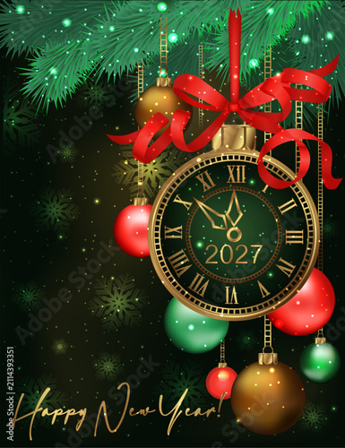 2027 New Year wallpaper with golden clock and xmas balls, vector illustration.