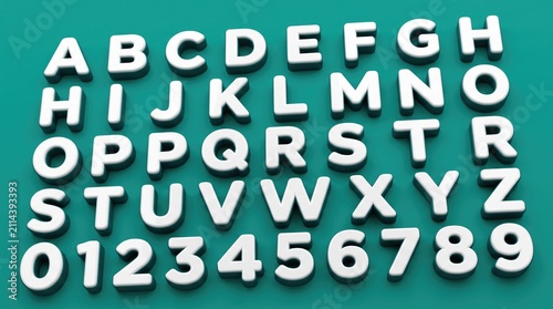 White 3D alphabet letters and numbers on teal background, plastic bold typography set, sans-serif uppercase characters for education and design