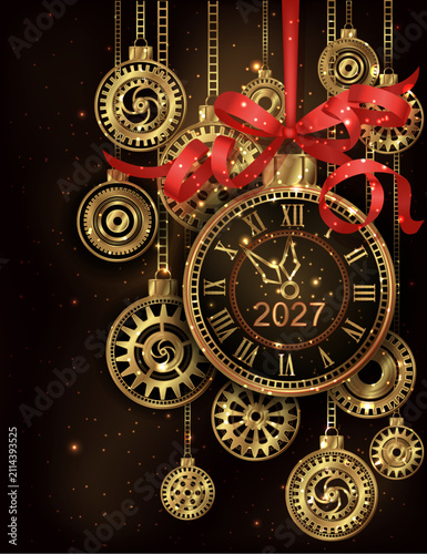 2027 New Year banner steampunk, with golden clock and xmas balls, vector illustration.