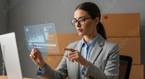 European business professional analyzing digital data on a futuristic tablet in a logistics setting
