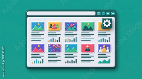 Fototapeta Modern 3D website dashboard interface, digital content management system with colorful UI elements, web browser window with data visualization charts