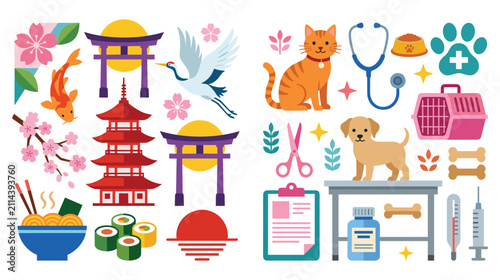 Set of various japan culture and pet vet clinic related illustrations on white background.
