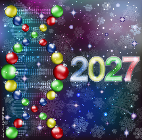 DNA  Christmas balls. New Year 2027, card. Vector illustration.