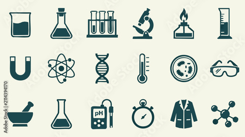 Science laboratory equipment and research icons set, vector symbols