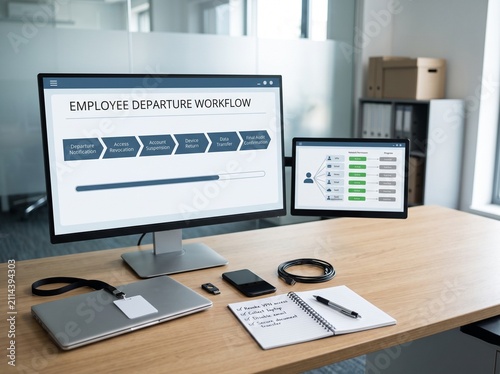 Employee Offboarding and IT Access Removal Workflow on Desktop Computer Screen