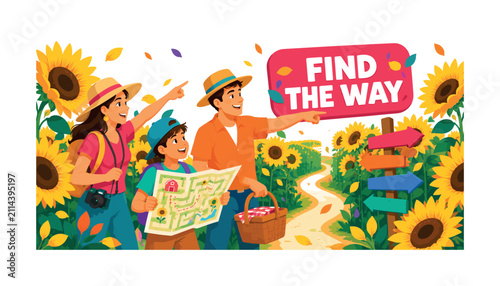 Sunflower Maze Adventure Banner illustration showing a family of three navigating between oversized sunflower walls, one child holding a large farm map while adults point toward different paths, with