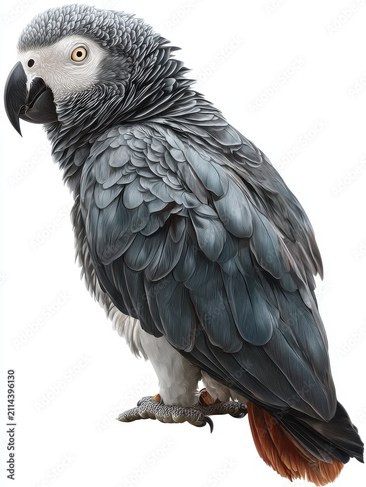 Fototapeta premium Full Body Portrait Of An African Grey Parrot Isolated On White Background With Sharp Focus