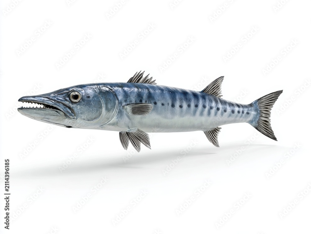 Obraz premium Full Body Side Profile Of A Silver Barracuda Fish Isolated On A Clean White Studio Background
