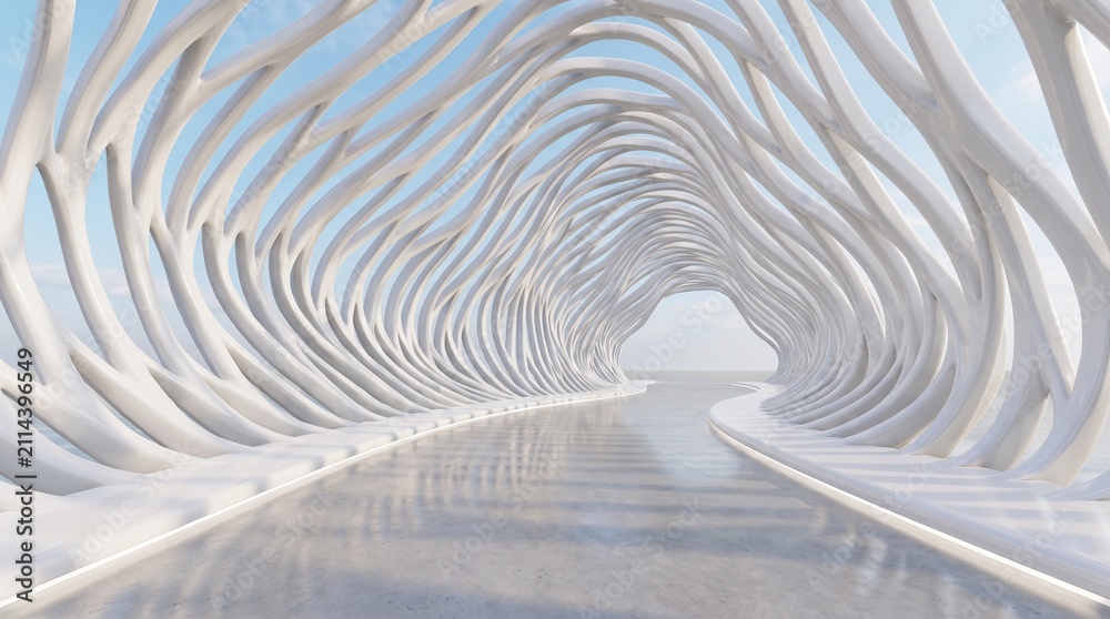 Obraz premium Ultra realistic futuristic parametric architectural tunnel made of flowing white curved ribs, endless perspective, soft daylight, minimal aesthetic, clean reflective floor, smooth organic geometry