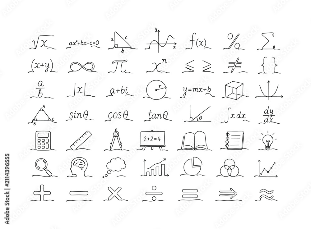 Obraz premium Hand Drawn Algebra, one-line drawing set with 35 minimal continuous single-line icons for math symbols, algebra equations, geometry graph, formula, percent sign, calculation, school science, student