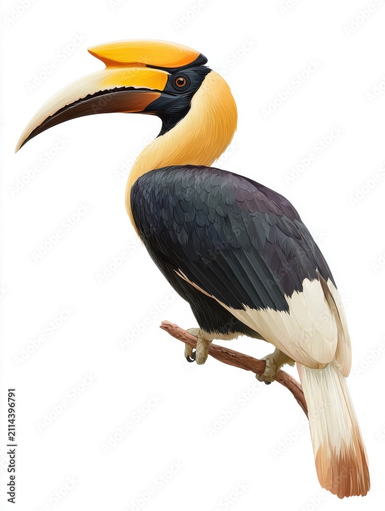 Fototapeta premium Great Hornbill Bird Perched On A Branch Isolated On A Clean White Background High Resolution Image