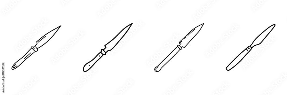 Obraz premium Kitchen Knife Hand Drawn Doodle Icon Set. Cutting, Slicing And Food Preparation Sketch Symbol Collection. Culinary Utensil And Cooking Tool. Isolated Vector Illustration
