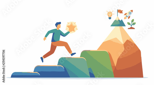 Person climbing stairs reaching for star with mountain goal