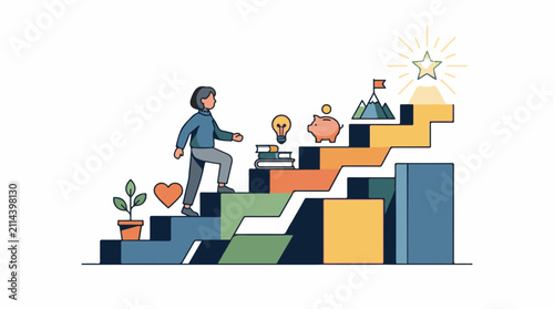 Person climbing stairs towards a star symbolizing goals