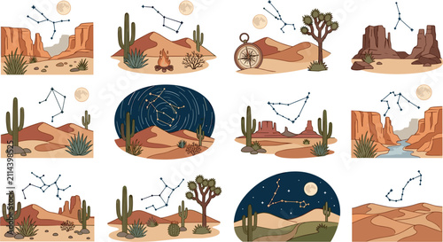 Foto Desert landscape vector element set featuring zodiac constellations night sky ca