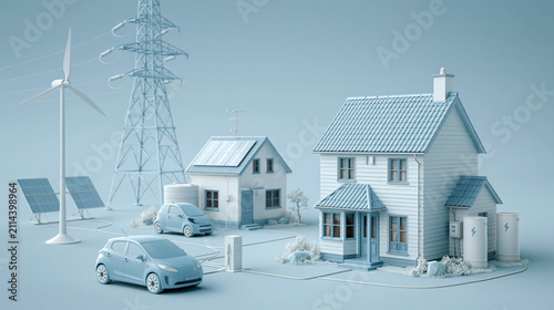 Solar home energy concept with electric car and power grid in clean 3d scene