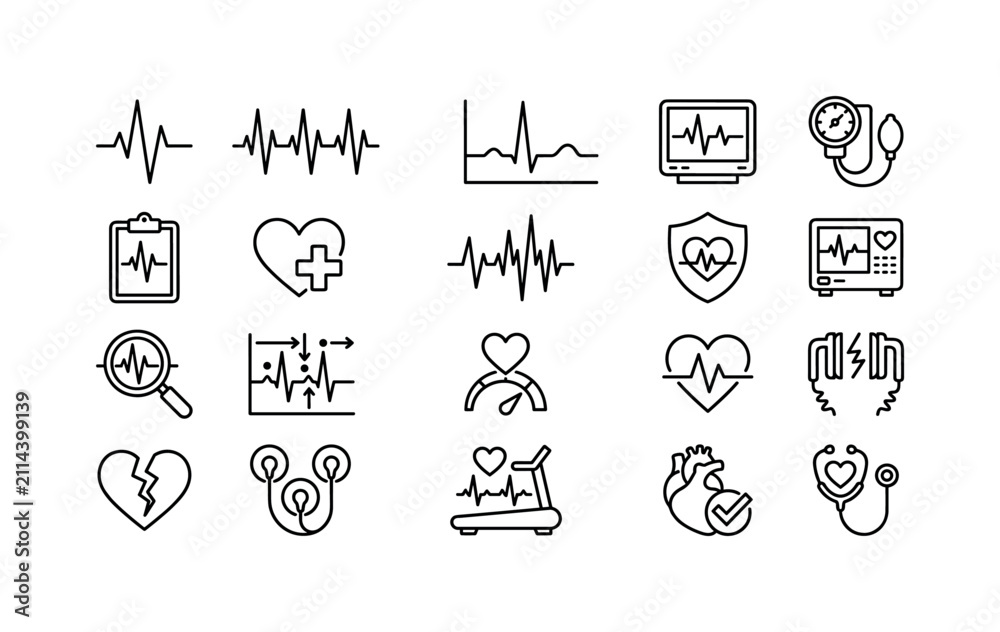 Fototapeta premium Collection of medical icons representing heart health and cardiology diagnostics