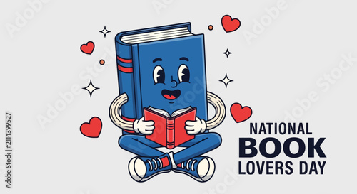 Anthropomorphic blue book character reading a small red book with love