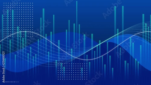 Modern Abstract Corporate Infographic Wave Landscape with Dashed Sine Wave Ribbon Stream, White Dot Grid Matrix, and Vertical Bar Chart Columns