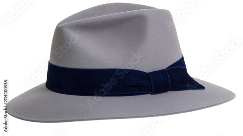 Fotografía Grey fedora hat with dark blue velvet ribbon and bow