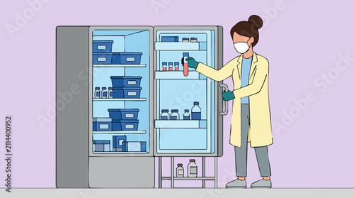 Scientist in lab coat and mask retrieving sample from laboratory freezer