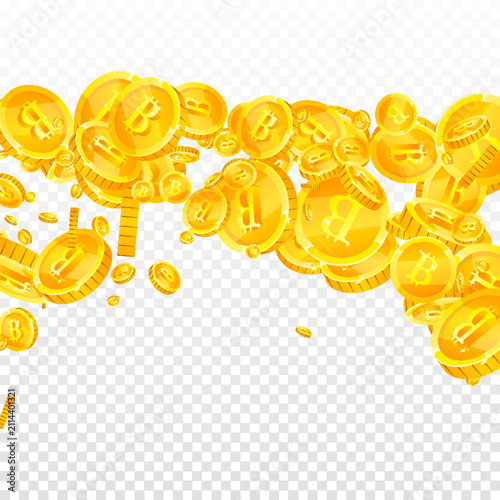 Bitcoin coins falling. Cryptocurrency scattered
