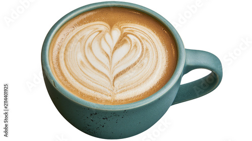 Teal ceramic mug with latte art heart shape