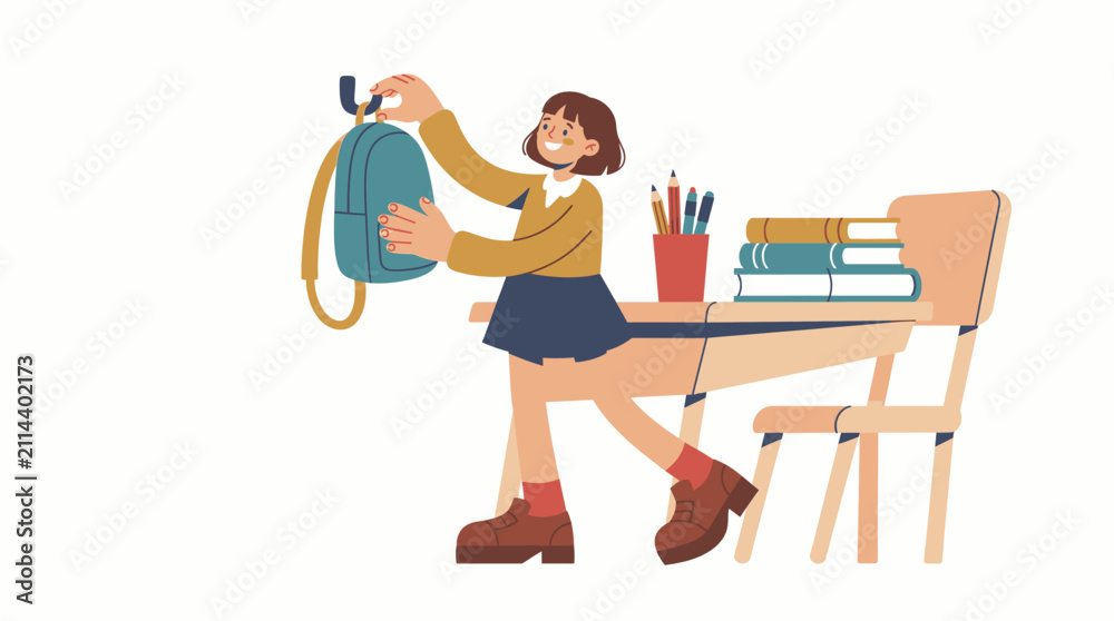 Fototapeta premium A happy schoolgirl standing by her desk preparing her backpack for classes in a classroom setting.