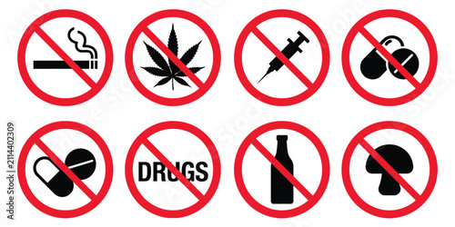 Say no to drugs icon set featuring black silhouette pictograms for no smoking, no alcohol, and no pills supporting addiction awareness and prevention campaigns.