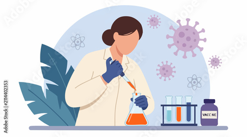 Female scientist developing a vaccine in a laboratory, medical research illustration