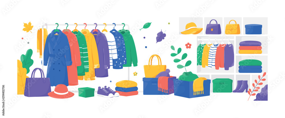 Fototapeta premium Organized Wardrobe Season, bright colorful flat vector banner with organized clothes rack, hanging coats, shirts, hangers, accessories, tidy closet shelf, seasonal fashion storage, autumn and spring