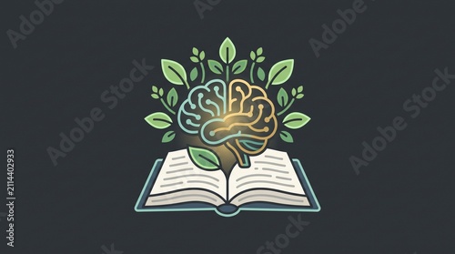 Conceptual illustration of an open book with a glowing brain and vibrant leaves, symbolizing intellectual growth, continuous learning, knowledge acquisition, and mental enrichment