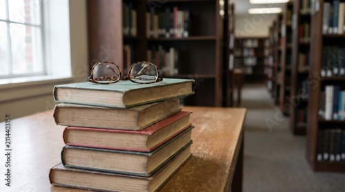 Stack of worn hardcover books with reading glasses in quiet library aisle