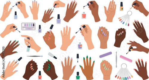 Nail Art Design and Professional Manicure Elements Vector Illustration Bundle Featuring Multiethnic Skin Tones, Colorful Polishes, Swatch Palettes, and Hands for Beauty Salon Marketing