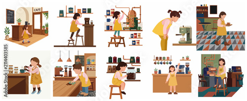 Foto Little girl playing as a barista in a cafe, making coffee and serving customers