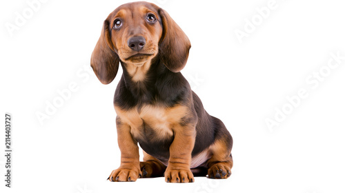 Dachshund puppy sitting looking up with sad eyes