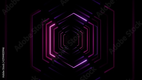 Futuristic glowing purple neon hexagon tunnel background