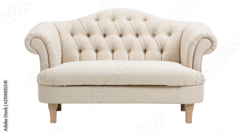 Tufted cream linen loveseat with rolled arms and wooden legs