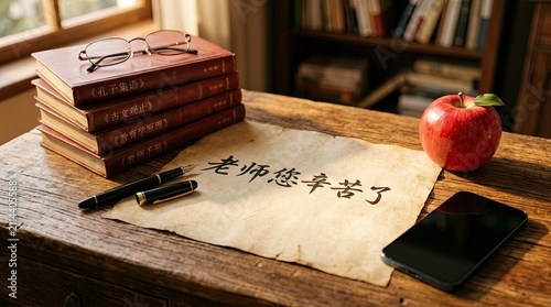 A stack of books with chinese calligraphy paper celebrating teachers day china in a cozy library setting