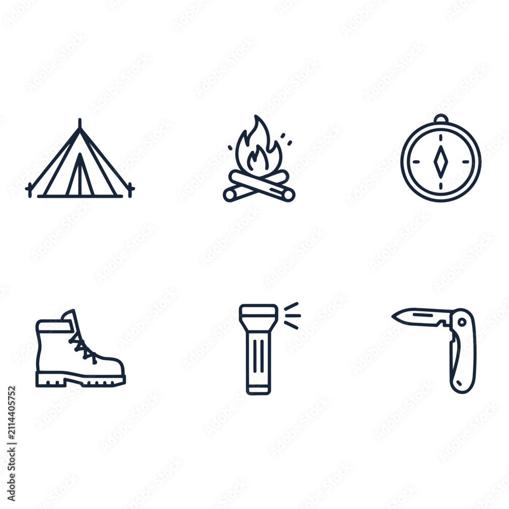 Fototapeta premium Outdoor Camping Hiking Line Icons Tent Campfire Compass Boots Flashlight