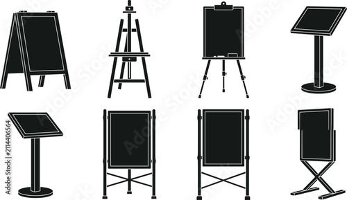 Collection of eight black and white display stand icons including easels, A-frame boards, pedestal stands, folding poster holders, 